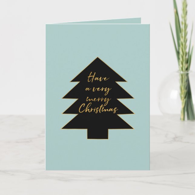 Mint Gold Black Merry Christmas Tree Holiday Card (Front)