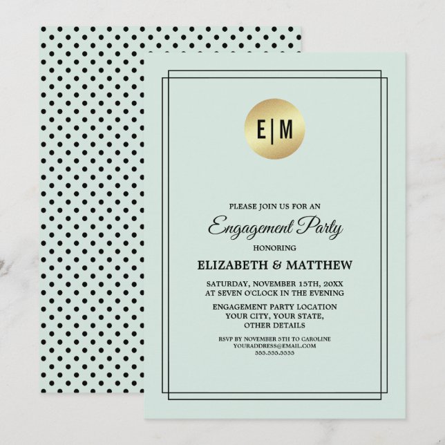 Mint Gold  Black Polka Dot Pattern Engagement Invitation (Front/Back)