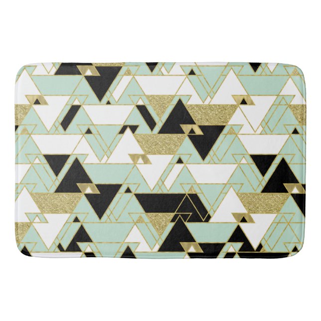 Mint Gold Black White Boho Glam Triangles Pattern Bath Mat (Front)