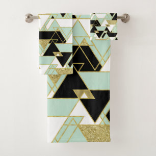 Mint Gold Black White Boho Glam Triangles Pattern Bath Towel Set