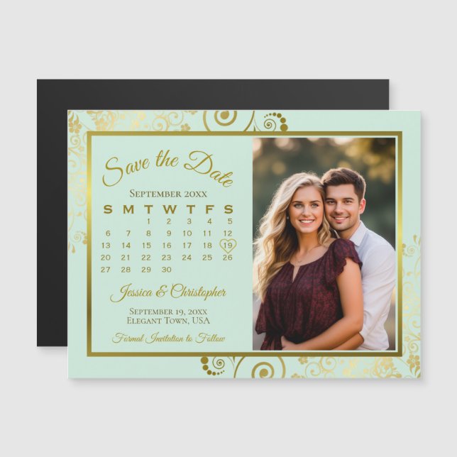 Mint & Gold Calendar & Photo Save the Date Magnet (Front/Back)