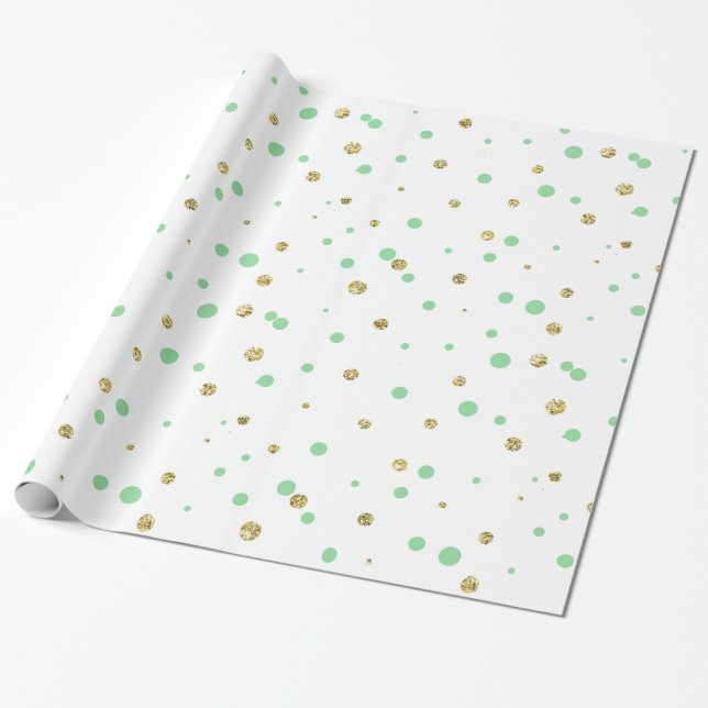 Mint Gold Confetti Dots Wrapping Paper (Unrolled)