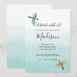 Mint Gold Dragonflies Ombre Watercolor Invitation