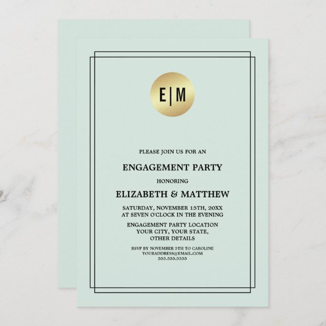 Mint | Gold Elegant Engagement Party Invitation (Front/Back)