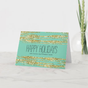Mint Gold Faux Glitter Stripes Christmas Holiday Card