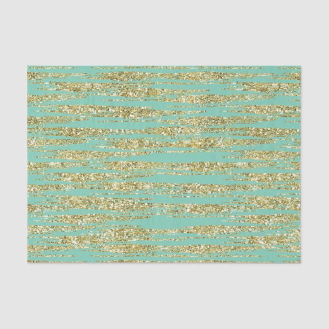 Mint Gold Faux Glitter Stripes Tissue Paper (Front)