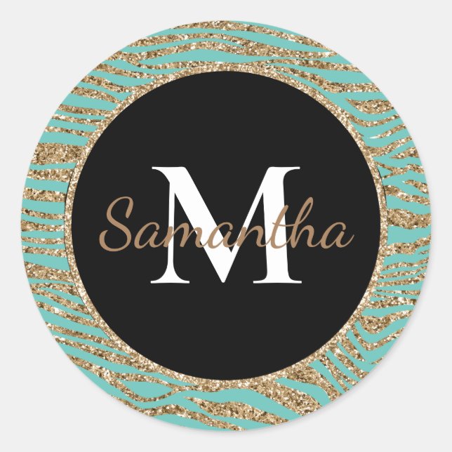 Mint Gold Faux Glitter Zebra Print Classic Round Sticker (Front)
