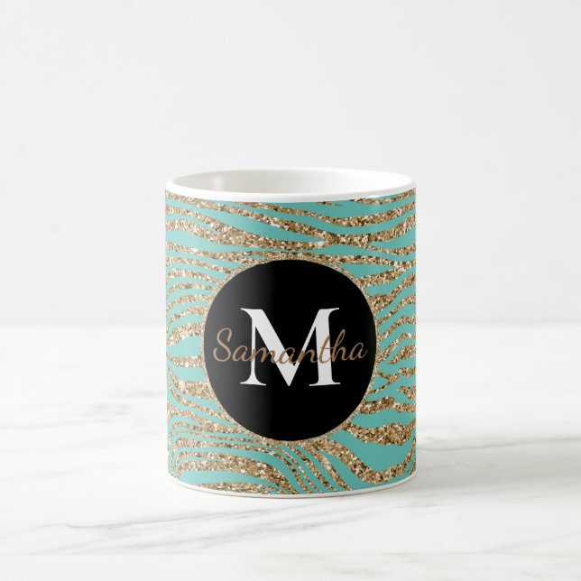 Mint Gold Faux Glitter Zebra Print Coffee Mug (Center)