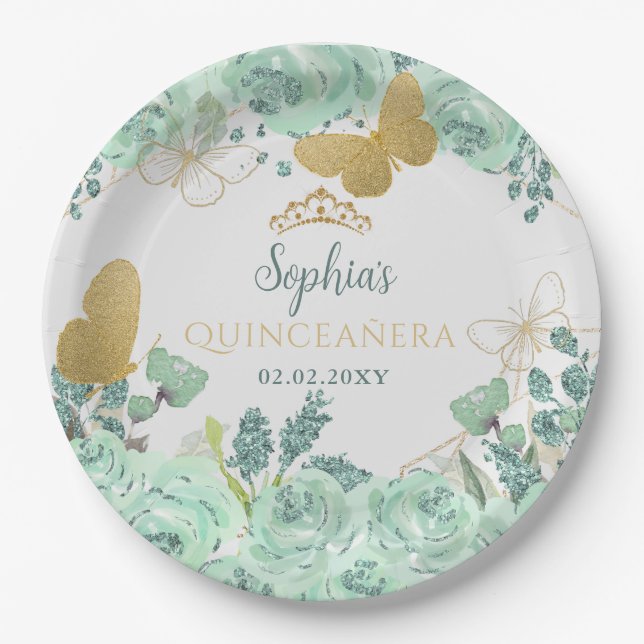 Mint Gold Floral Butterfly Quinceañera  Paper Plate (Front)