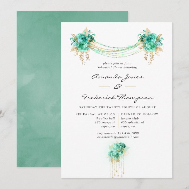 Mint & Gold Floral String Lights Rehearsal Dinner Invitation (Front/Back)