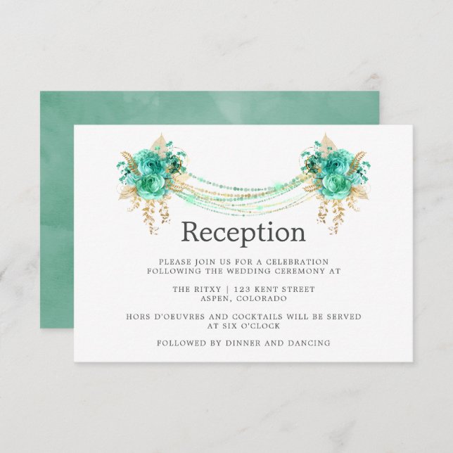 Mint & Gold Floral String Lights Wedding Reception Invitation (Front/Back)