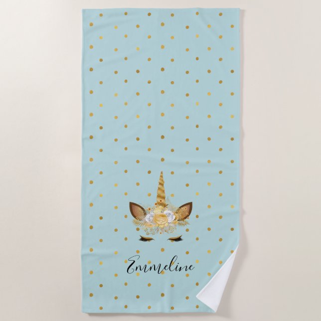 Mint Gold Floral Unicorn Beach Towel (Front)