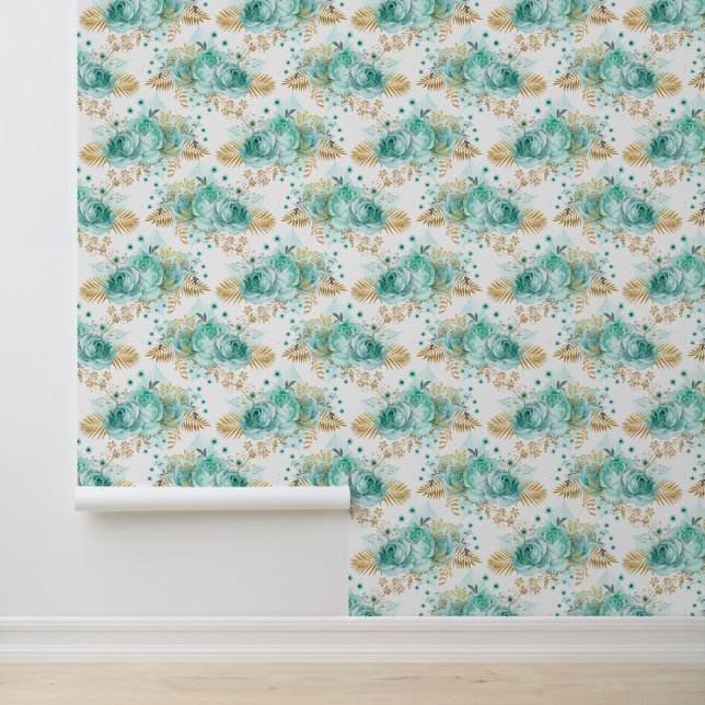Mint Gold Floral Wallpaper (Application)