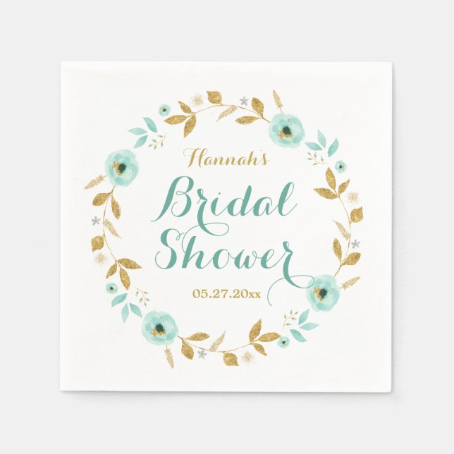 Mint Gold flower Wreath Bridal Shower Napkins (Front)