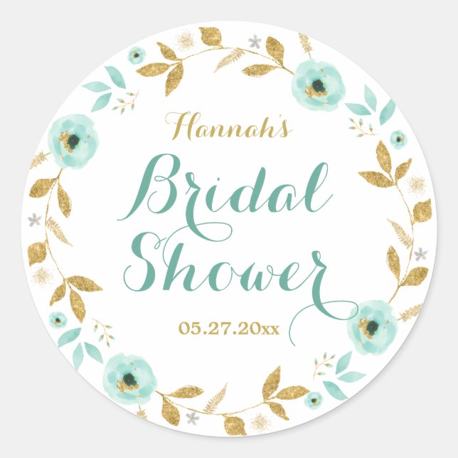 Mint Gold flower Wreath Bridal Shower Sticker (Front)
