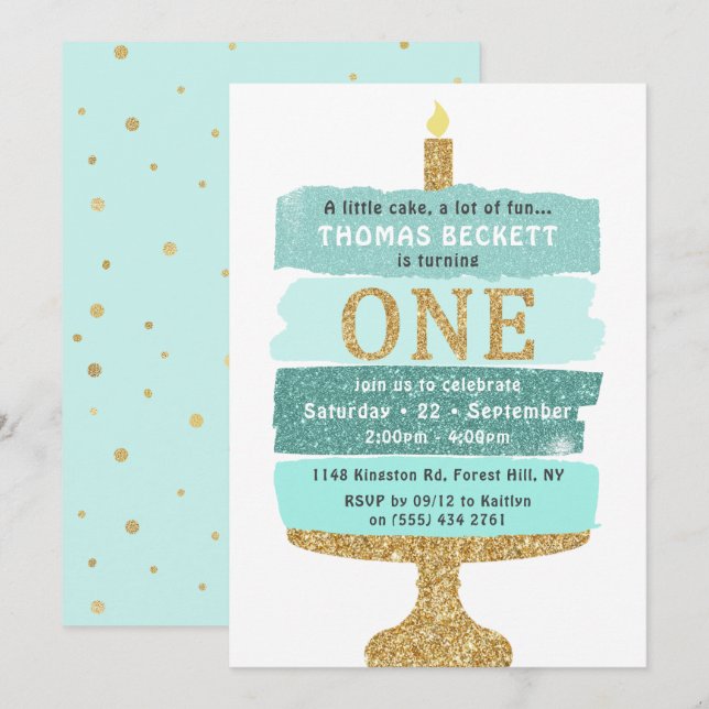 Mint & Gold Glitter Cake 1st Birthday Invitations (Front/Back)