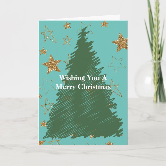 Mint Gold Glitter Stars Christmas Tree Card (Front)