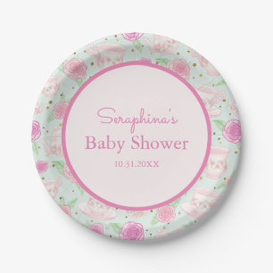 Mint Gold Glitter Tea Cups Baby Shower Paper Plate