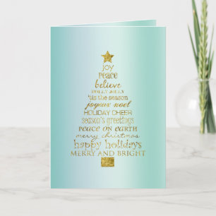 Mint Gold Inspirational Christmas Tree Peace Joy Card