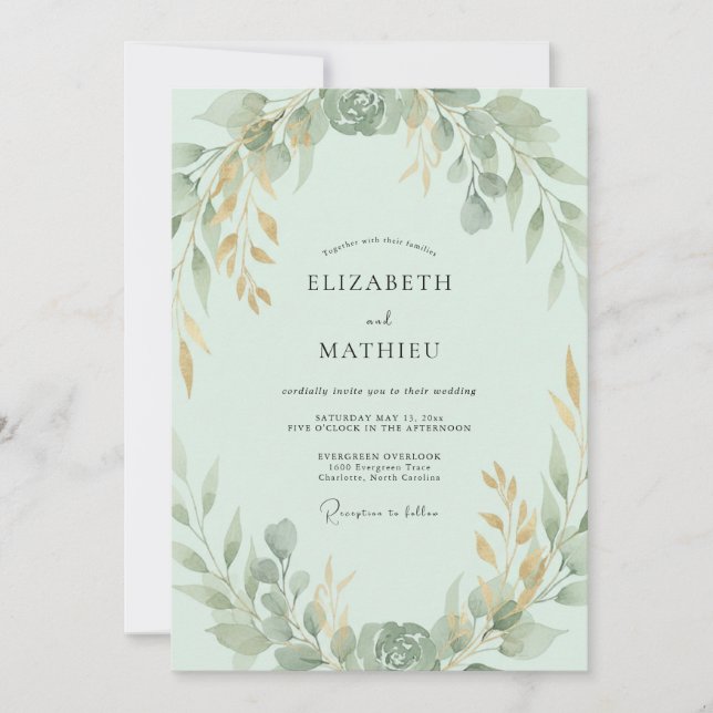 Mint Gold Leafy Wedding Invitation (Front)