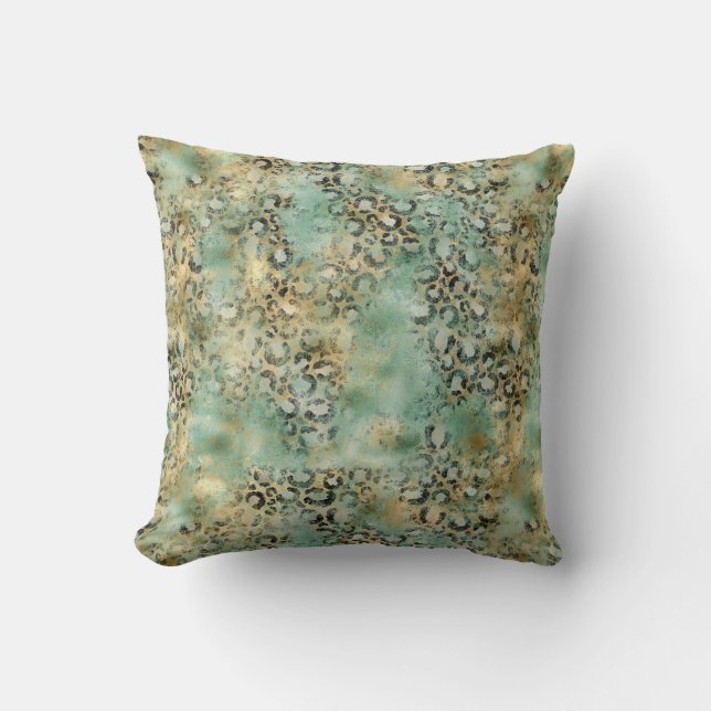 Mint Gold Leopard Print Throw Pillow (Front)