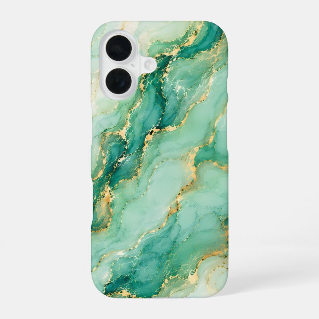 Mint & Gold Marble Luxury iPhone 16 Case (Back)