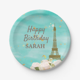 Mint Gold Paris Eiffel Tower Sweet 16 Birthday Paper Plate