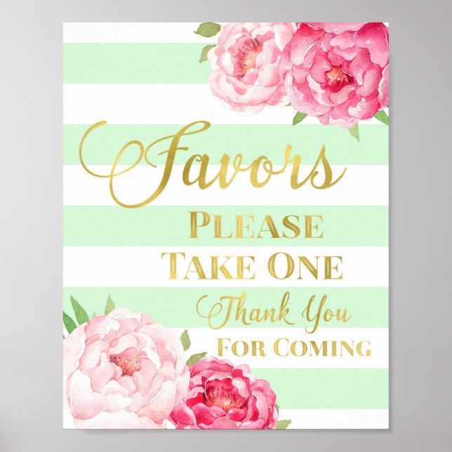 Mint Gold Pink Watercolor Floral Favours Sign (Front)