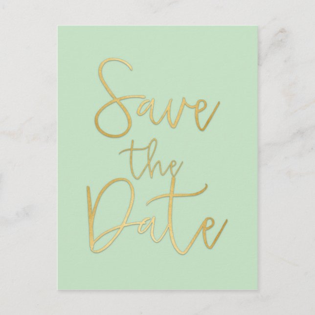 Mint & Gold SAVE THE DATE Modern Script Postcard (Front)