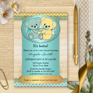 Mint Gold Twin Teddy Bear Baby Shower Invitation