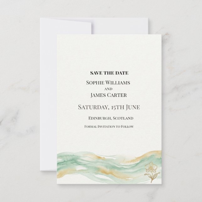 Mint Gold Watercolor Wedding Save The Date (Front)