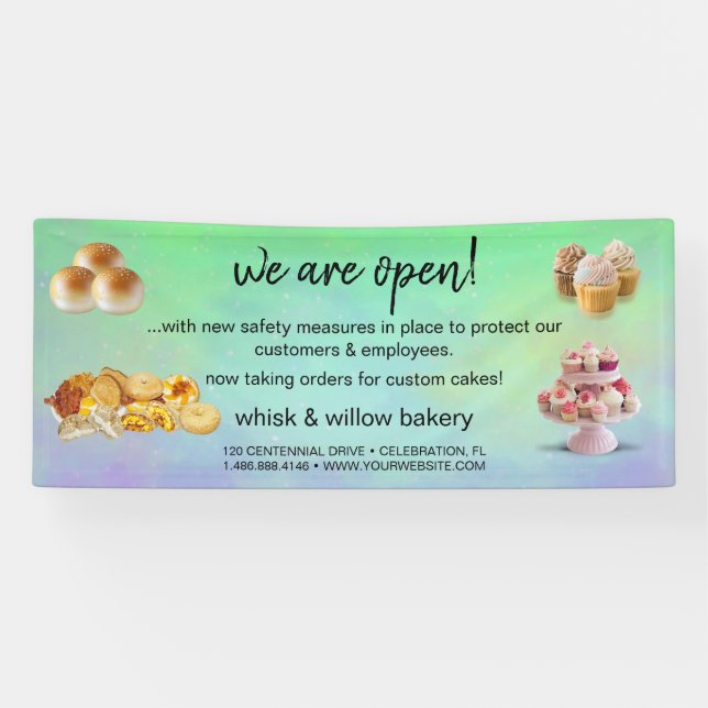 Mint & Gold Whisk Bakery Business Reopening green Banner (Horizontal)