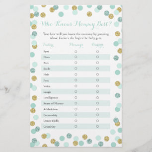 Mint Gold Who Knows Mommy Best Baby Shower Game