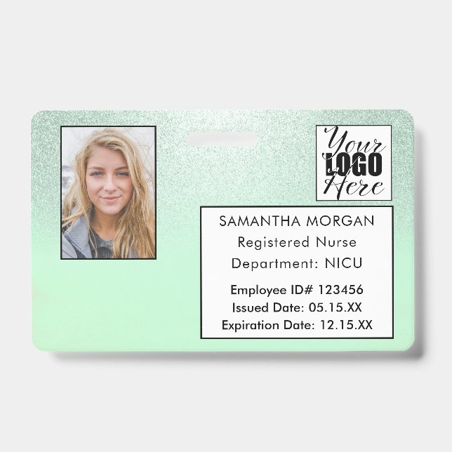 Mint Gradient Glitter Photo Logo Employee ID Badge (Front)