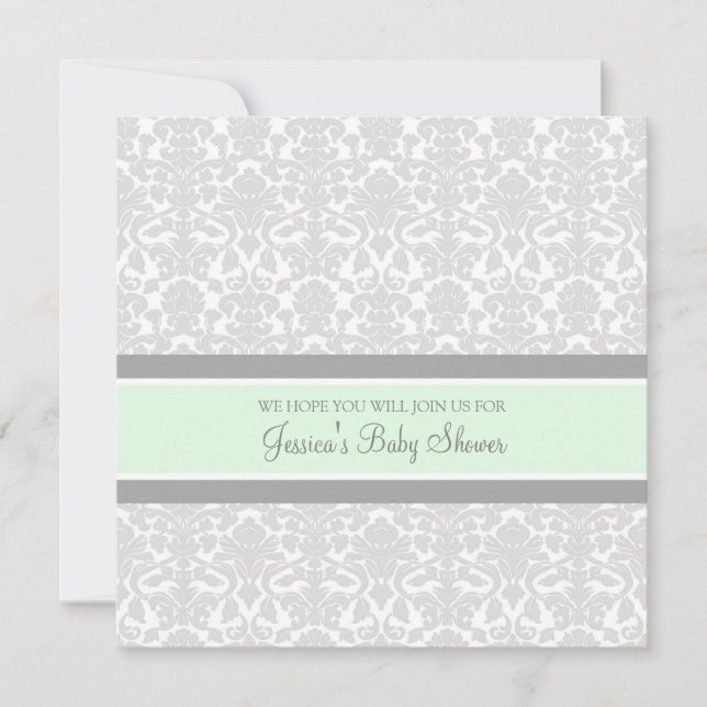 Mint Gray Damask Custom Baby Shower Invitations (Front)