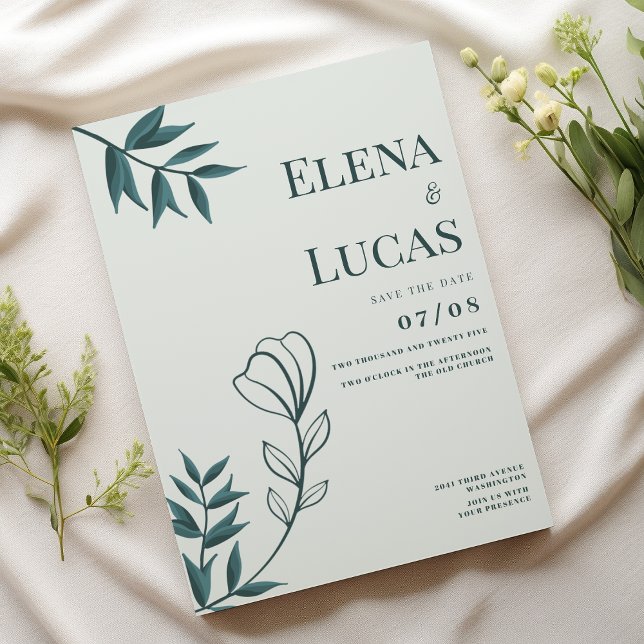 Mint grayish cyan abstract sketch floral wedding invitation (Mint grayish cyan abstract sketch floral Wedding)