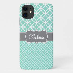 Mint Greek Key and Circle Patterns Grey Name iPhone 11 Case