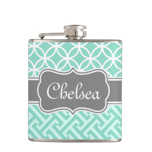 Mint Greek Key and Circle Patterns Grey Name Hip Flask