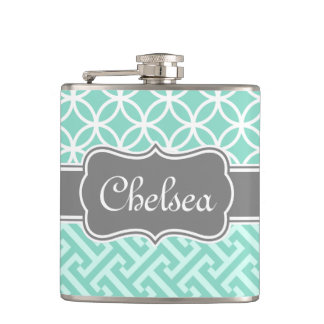 Mint Greek Key and Circle Patterns Grey Name Hip Flask
