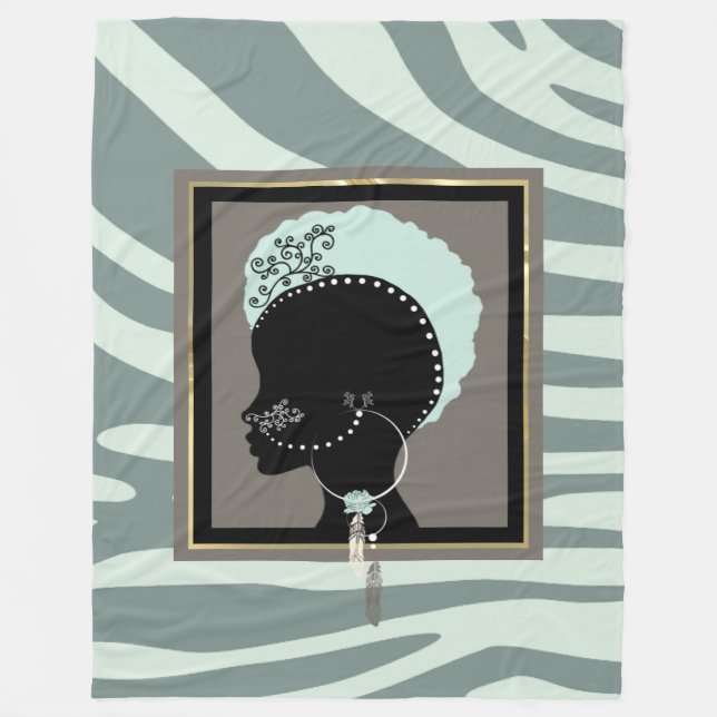 Mint green, and black zebra print afro punk fleece blanket (Front)