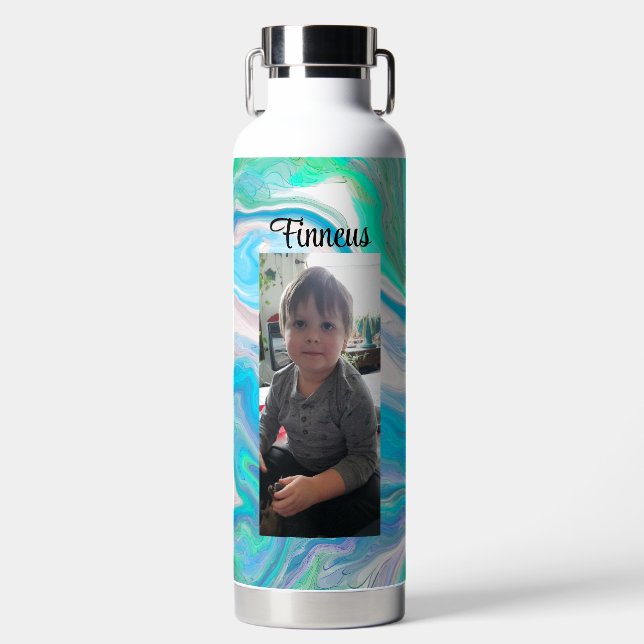  Mint Green and Blue Fluid Art Personalized   Water Bottle (Front)