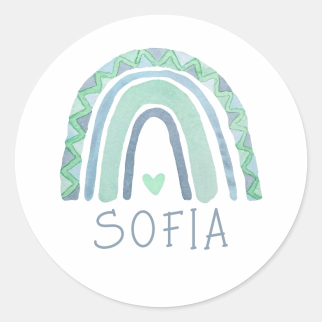 Mint-green and blue tone boho rainbow classic round sticker (Front)