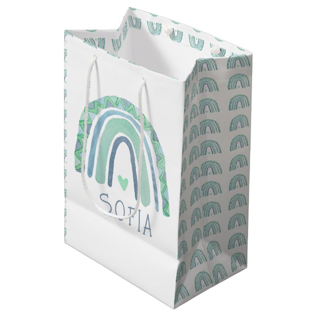 Mint-green and blue tone boho rainbow medium gift bag (Front Angled)