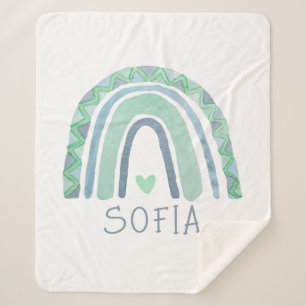 Mint-green and blue tone boho rainbow sherpa blanket