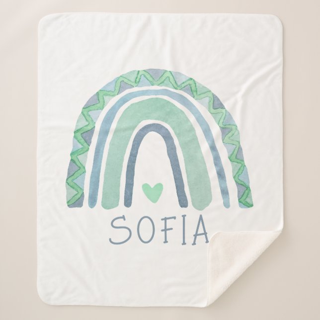 Mint-green and blue tone boho rainbow sherpa blanket (Front)