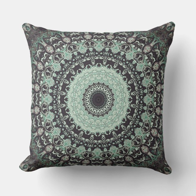 Mint Green and Charcoal Mandala Pattern Throw Pillow (Front)