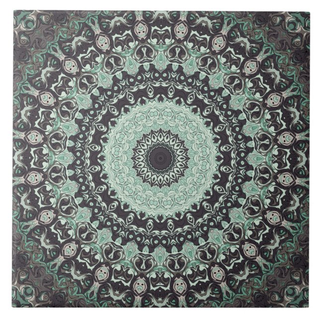 Mint Green and Charcoal Mandala Pattern Tile (Front)