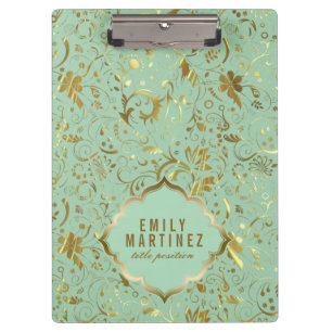 Mint Green And Gold Floral Fabric Pattern Clipboard