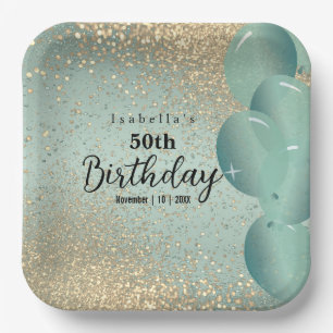 Mint Green and Gold Glitter Birthday  Paper Plate
