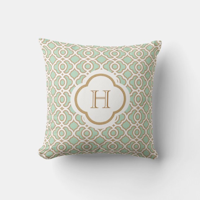 Mint Green and Gold Moroccan Monogram Throw Pillow (Front)